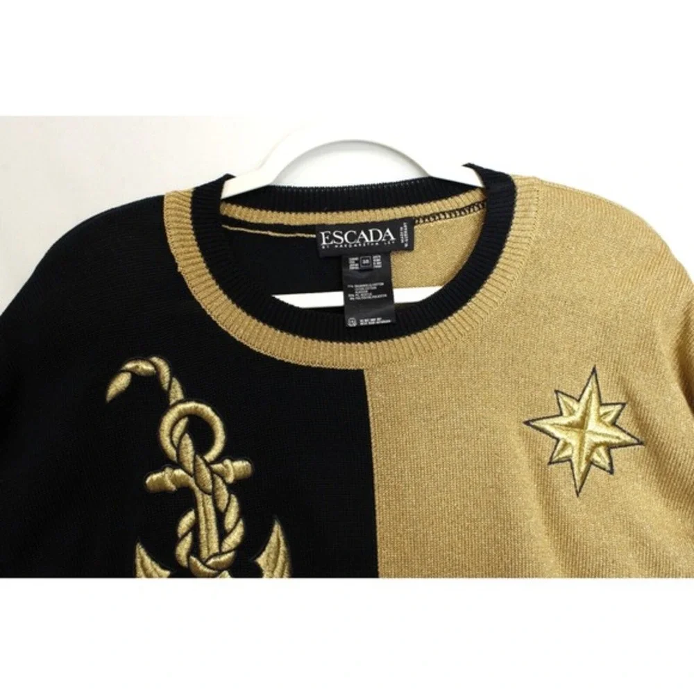 Escada Margaretha Ley Sweater Women M Black Gold Nautical Anchor Stars‎ Germany